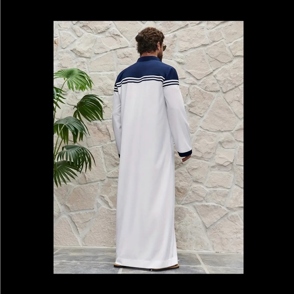 Men Middle Eastern Traditional Thobe Abaya Navy Blue White - Picture 2 of 8